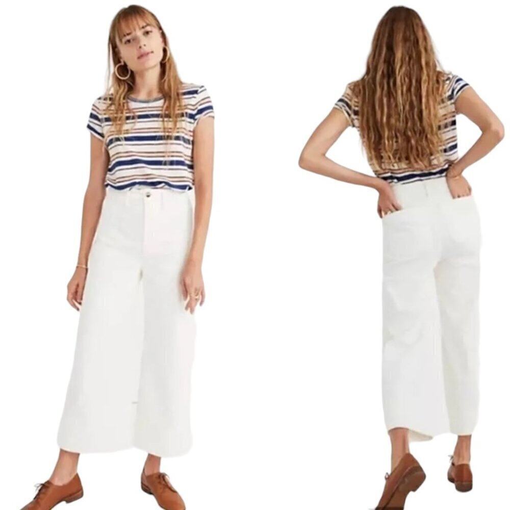 Madewell White Corduroy Cotton Blend High Waist Emmett Wide Leg Crop Pants 25